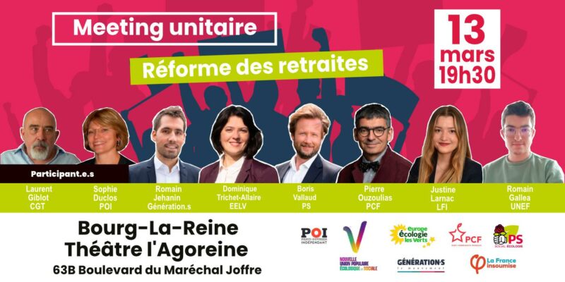 Meeting départemental contre la réforme des retraites – Lundi 13 mars à 19h30 – Bourg-la-Reine
